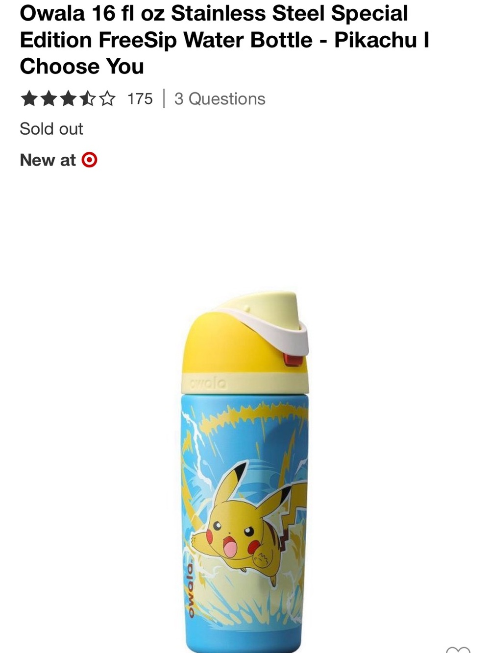Owala Pikachu Kids Stainless Steel Water Bottle - Yellow & Blue